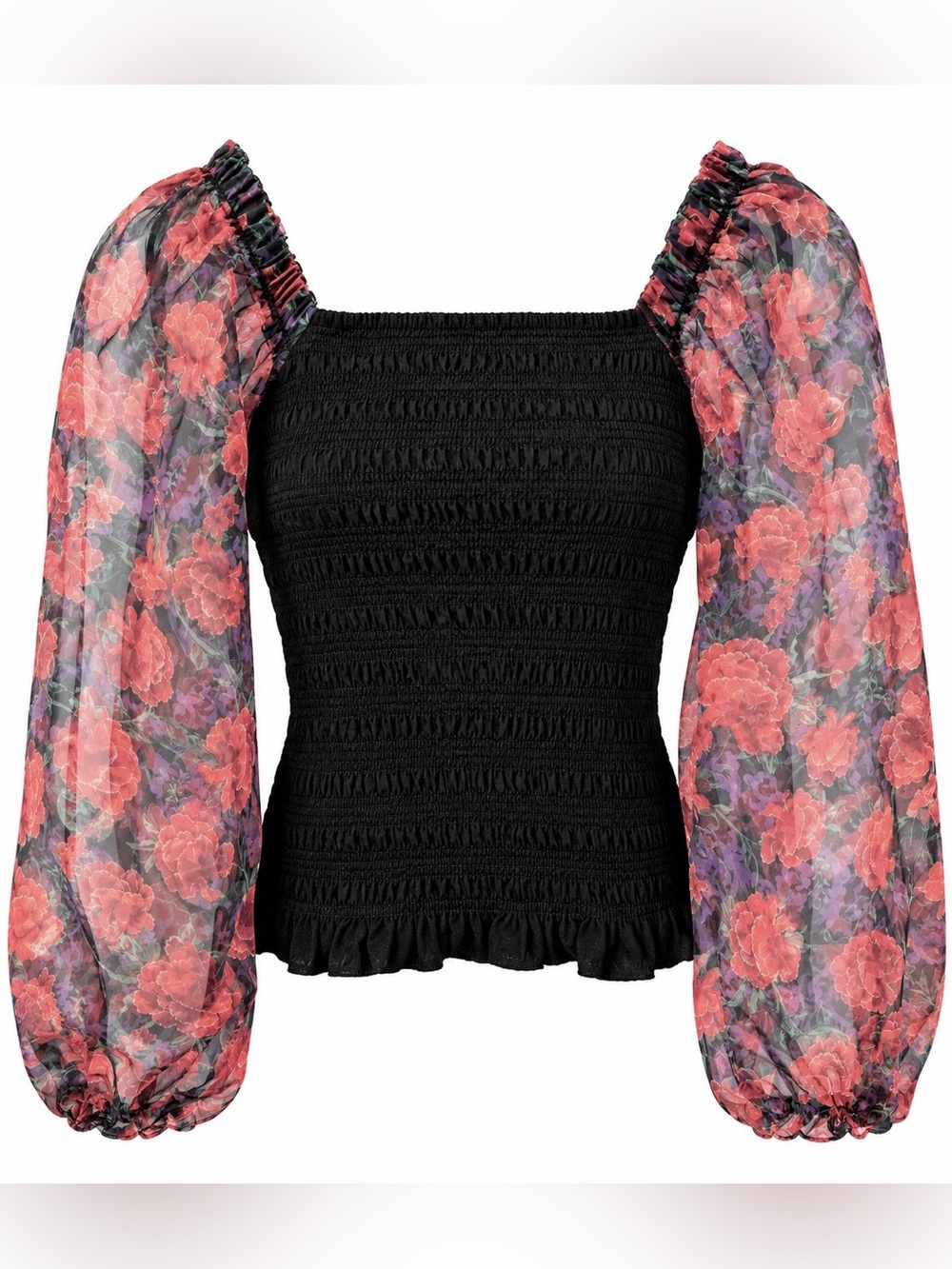 Floral Puff-Sleeve Smocked Top - With Floral Sleeves